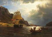 Hans Gude Hjemvendende hvalfangerskip i en norsk havn oil painting reproduction